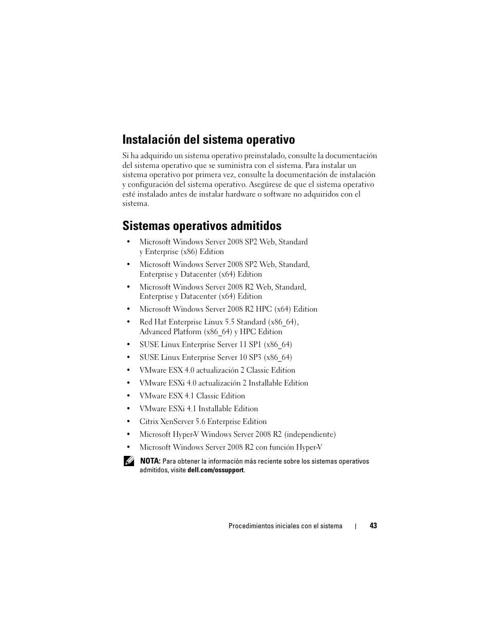 Instalación del sistema operativo, Sistemas operativos admitidos | Dell PowerEdge R415 User Manual | Page 45 / 52