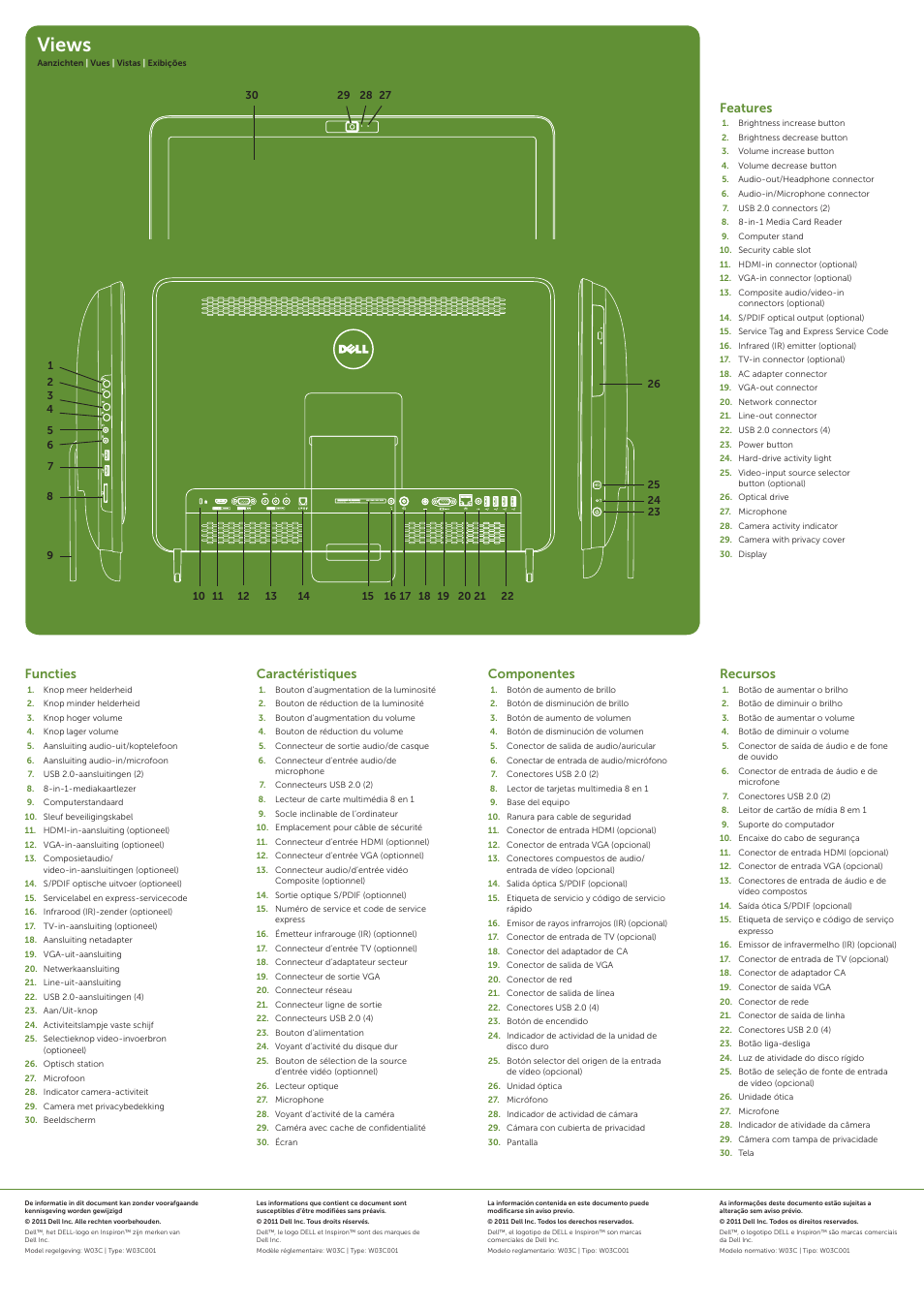 Views, Features, Functies | Componentes, Caractéristiques, Recursos | Dell Inspiron One 2320 (Mid 2011) User Manual | Page 2 / 2