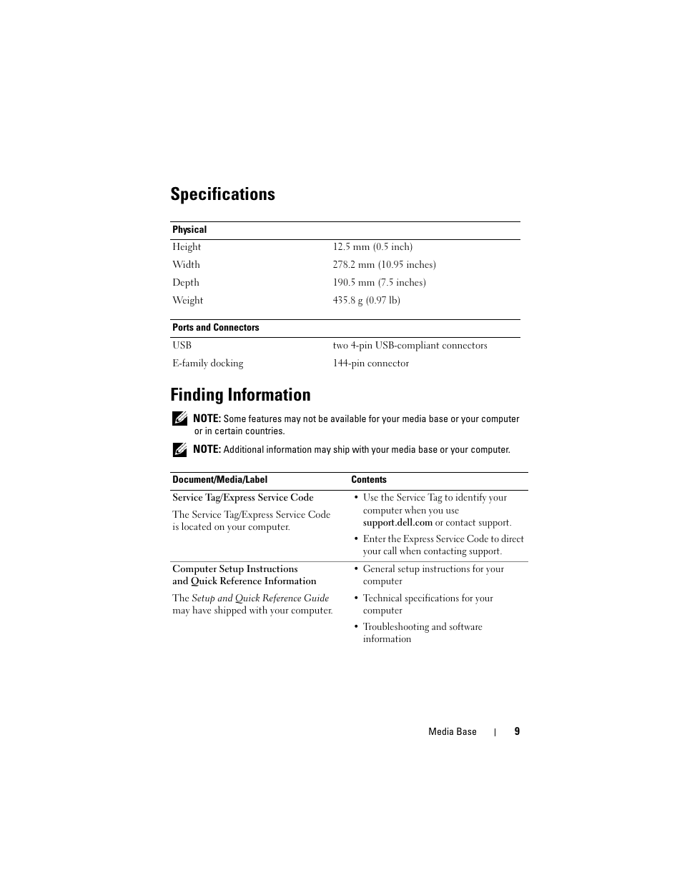 Specifications, Finding information, Specifications finding information | Dell Latitude E4200 (Late 2008) User Manual | Page 11 / 42