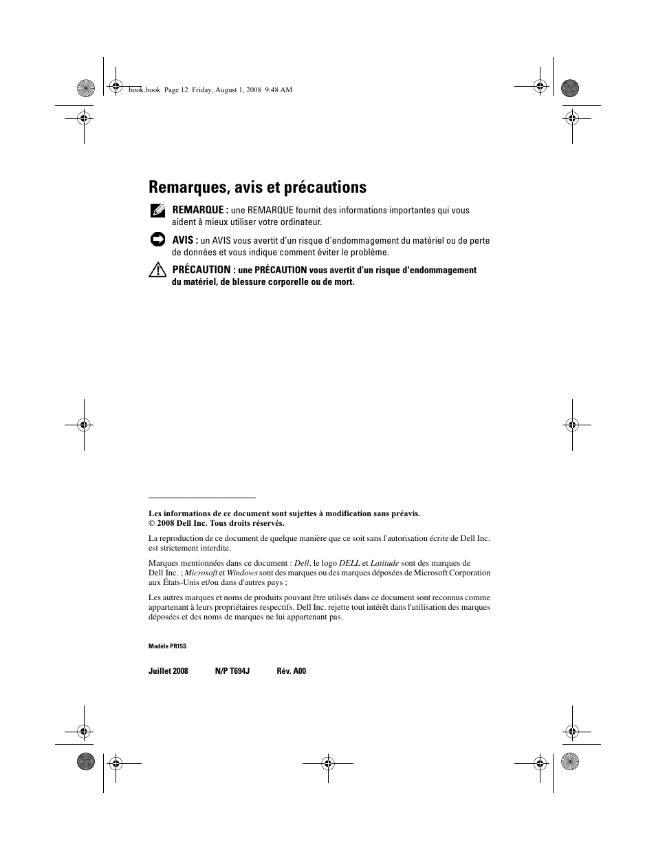 Remarques, avis et précautions | Dell Latitude E4200 (Late 2008) User Manual | Page 14 / 42