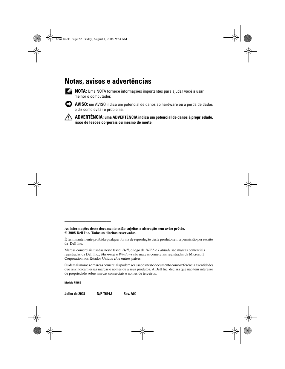 Notas, avisos e advertências | Dell Latitude E4200 (Late 2008) User Manual | Page 24 / 42