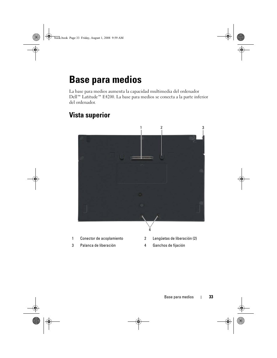 Base para medios, Vista superior | Dell Latitude E4200 (Late 2008) User Manual | Page 35 / 42