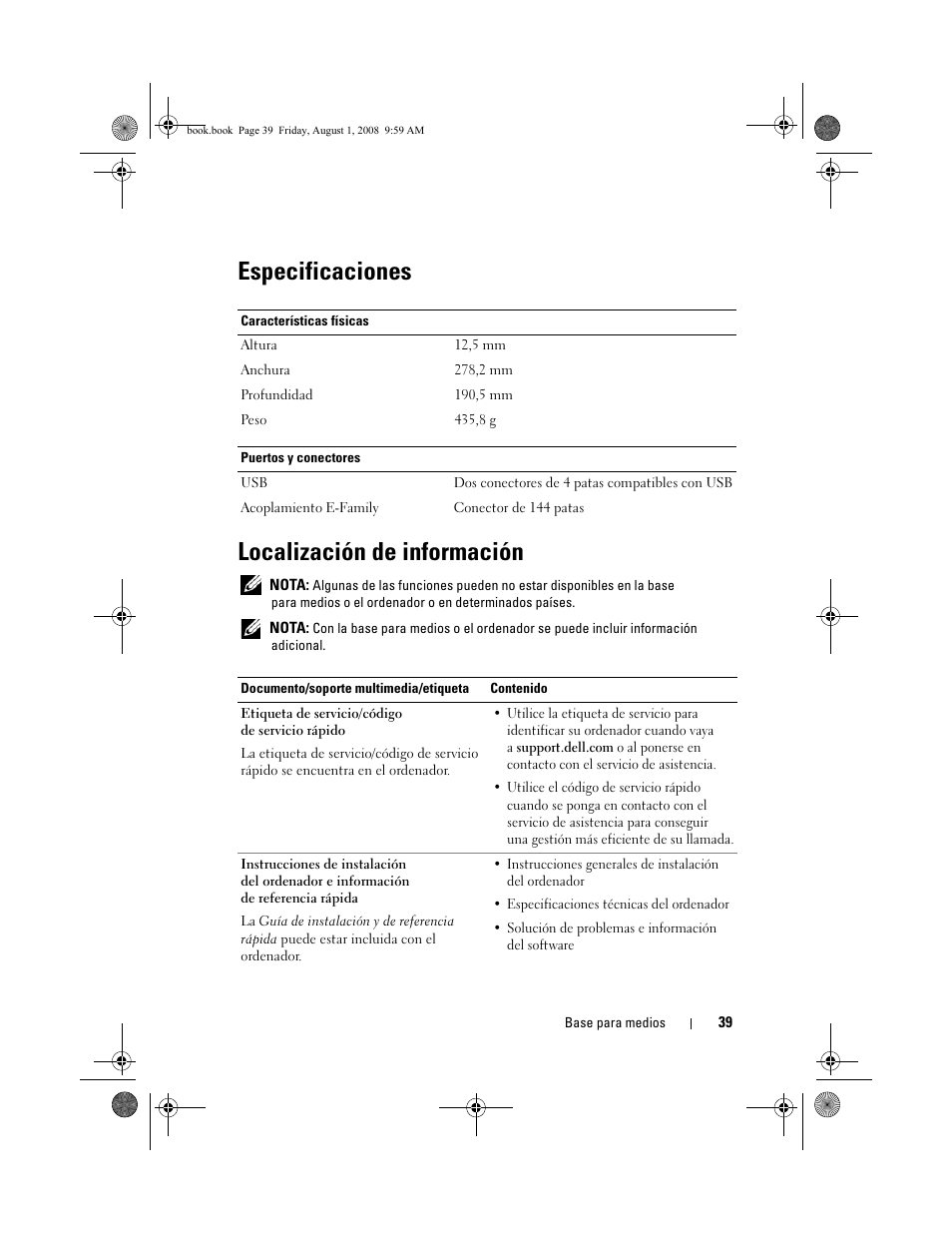 Especificaciones, Localización de información, Especificaciones localización de información | Dell Latitude E4200 (Late 2008) User Manual | Page 41 / 42