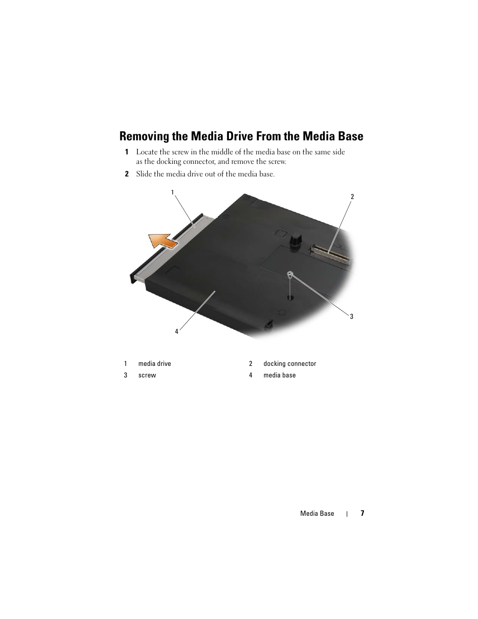 Removing the media drive from the media base | Dell Latitude E4200 (Late 2008) User Manual | Page 9 / 42