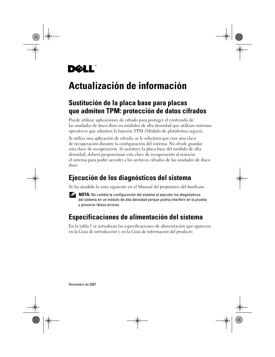 Actualización de información, Ejecución de los diagnósticos del sistema, Especificaciones de alimentación del sistema | Dell POWEREDGE M905 User Manual | Page 19 / 21