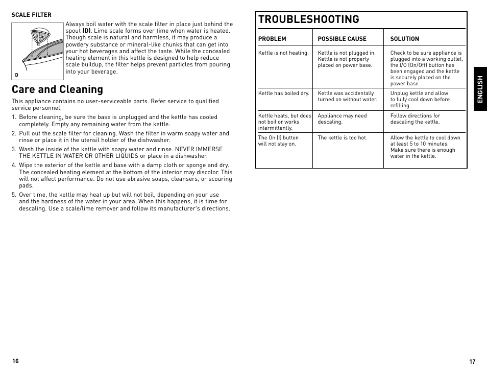Care and cleaning, Troubleshooting | Black & Decker 11-4-12S User Manual | Page 9 / 11