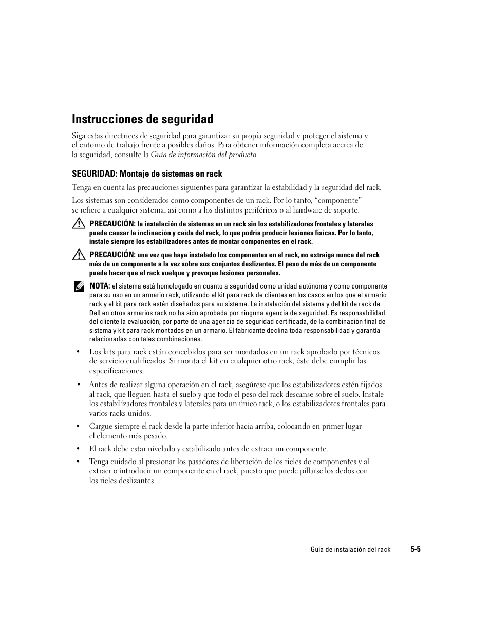 Instrucciones de seguridad, Seguridad: montaje de sistemas en rack | Dell PowerEdge 1850 User Manual | Page 111 / 134