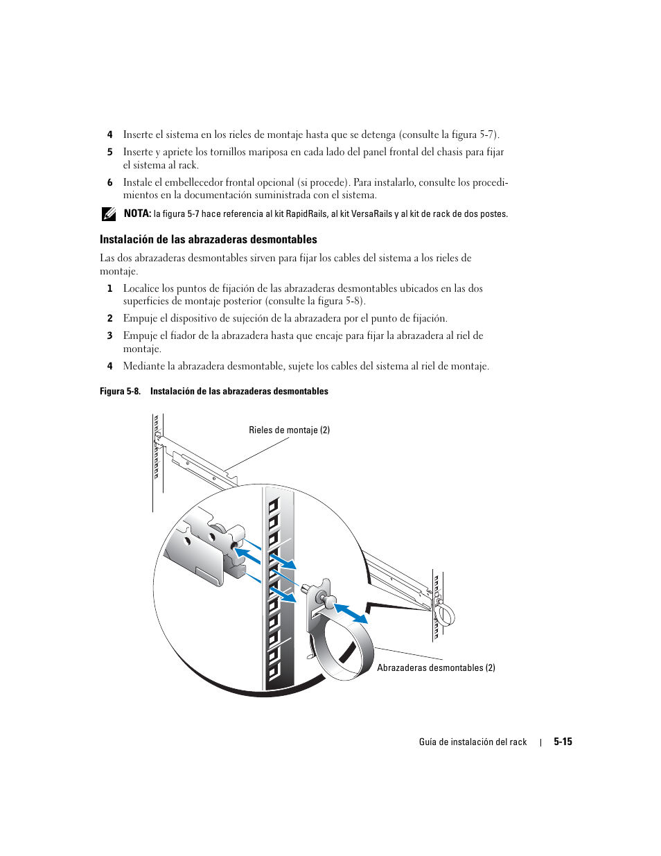 Instalación de las abrazaderas desmontables, Figura 5-8 | Dell PowerEdge 1850 User Manual | Page 121 / 134