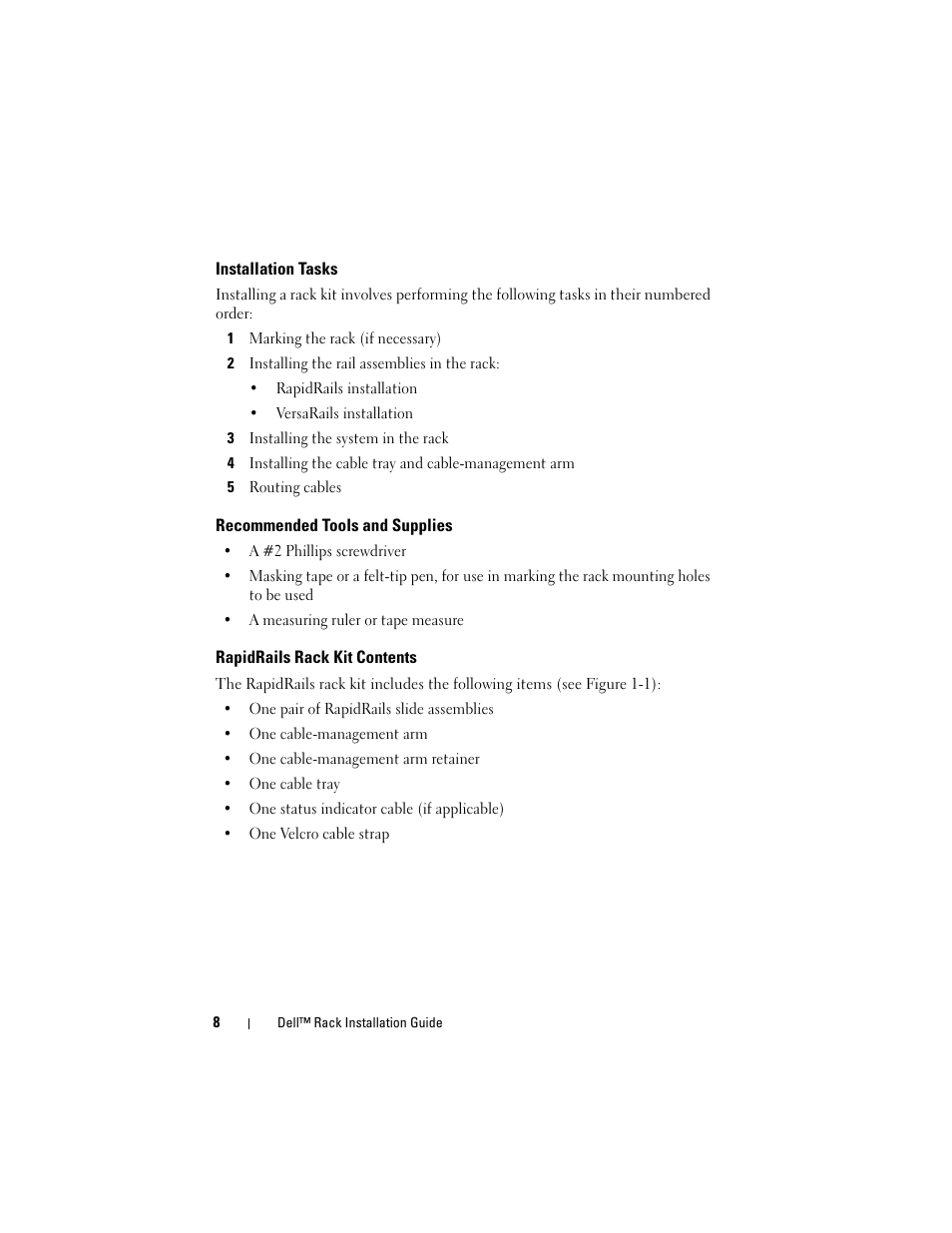 Installation tasks, Recommended tools and supplies, Rapidrails rack kit contents | Dell PowerEdge R905 User Manual | Page 10 / 142