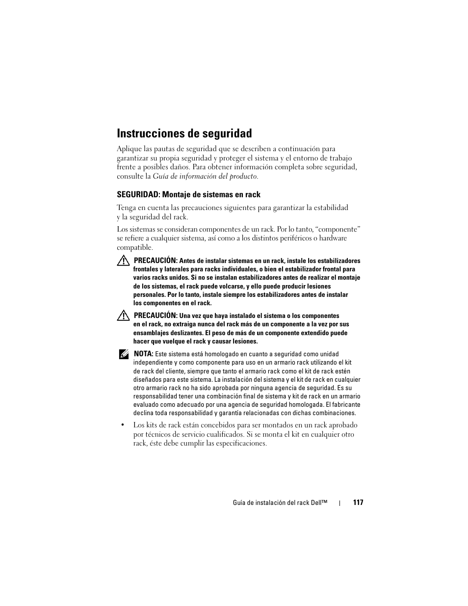 Instrucciones de seguridad, Seguridad: montaje de sistemas en rack | Dell PowerEdge R905 User Manual | Page 119 / 142