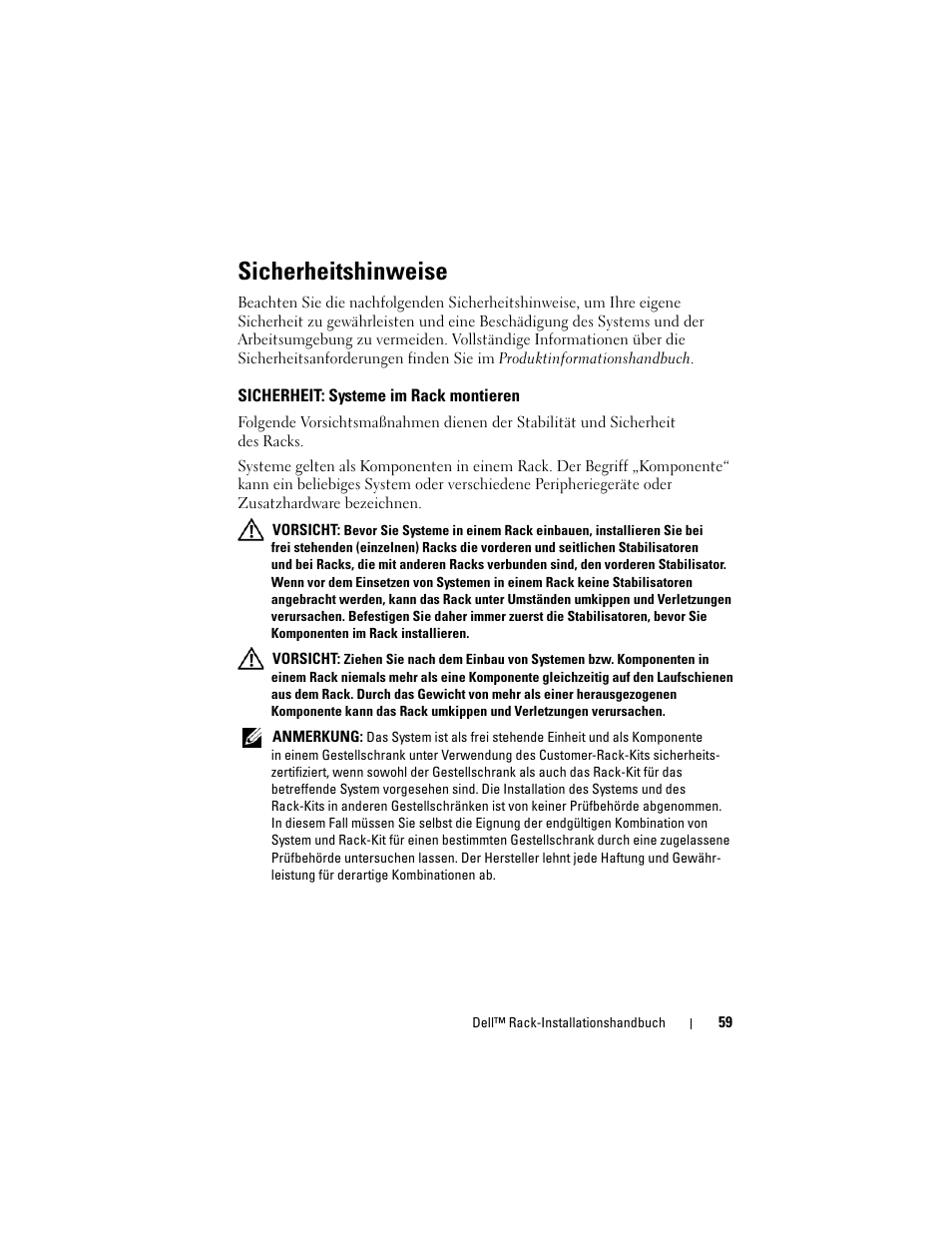 Sicherheitshinweise, Sicherheit: systeme im rack montieren | Dell PowerEdge R905 User Manual | Page 61 / 142