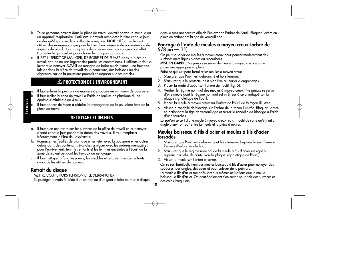Protection de l'environnement, Nettoyage et déchets, Retrait du disque | Black & Decker TV800 User Manual | Page 10 / 16