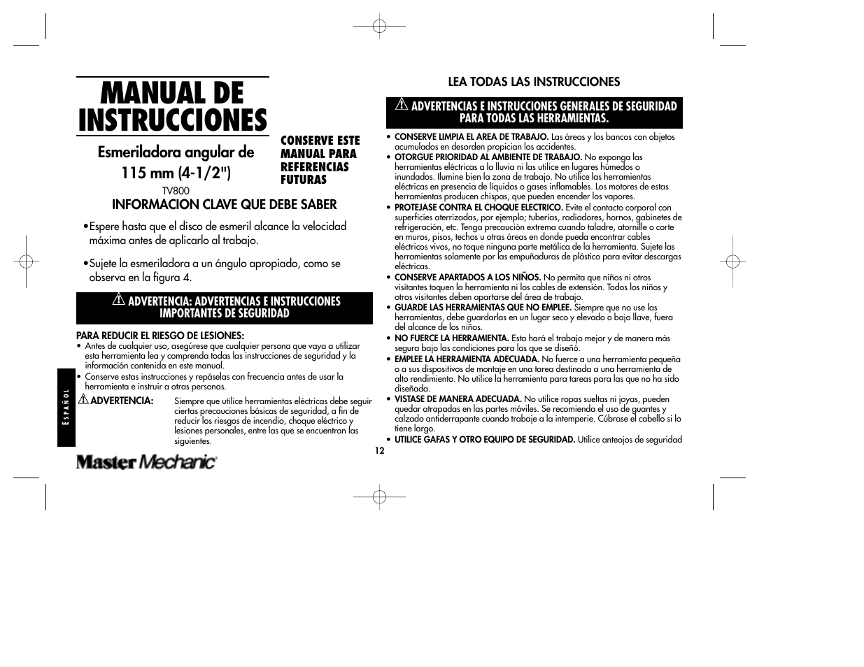 Manual de instrucciones, Informacion clave que debe saber | Black & Decker TV800 User Manual | Page 12 / 16