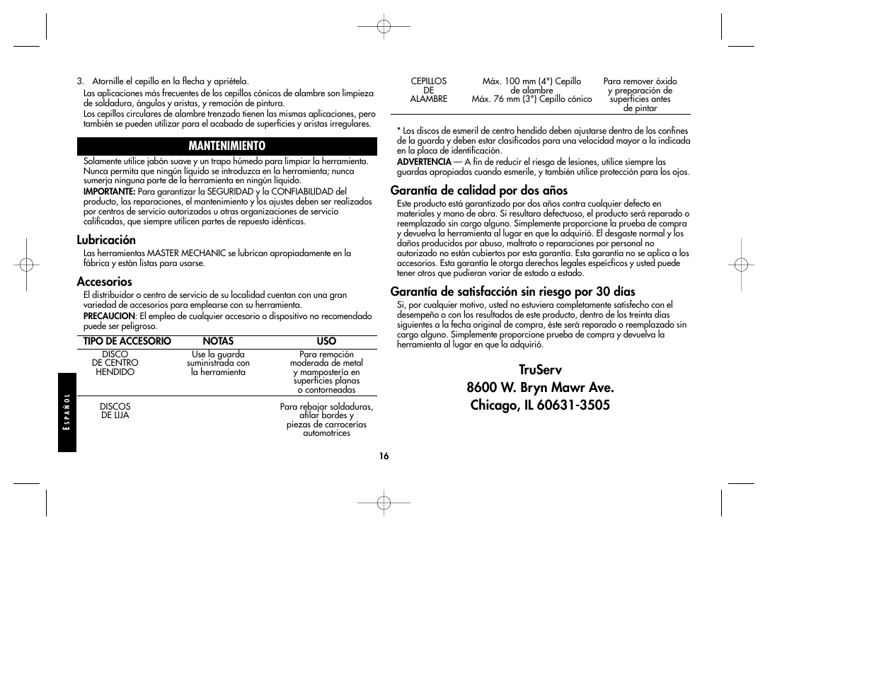 Garantía de calidad por dos años, Garantía de satisfacción sin riesgo por 30 días, Mantenimiento | Lubricación, Accesorios | Black & Decker TV800 User Manual | Page 16 / 16