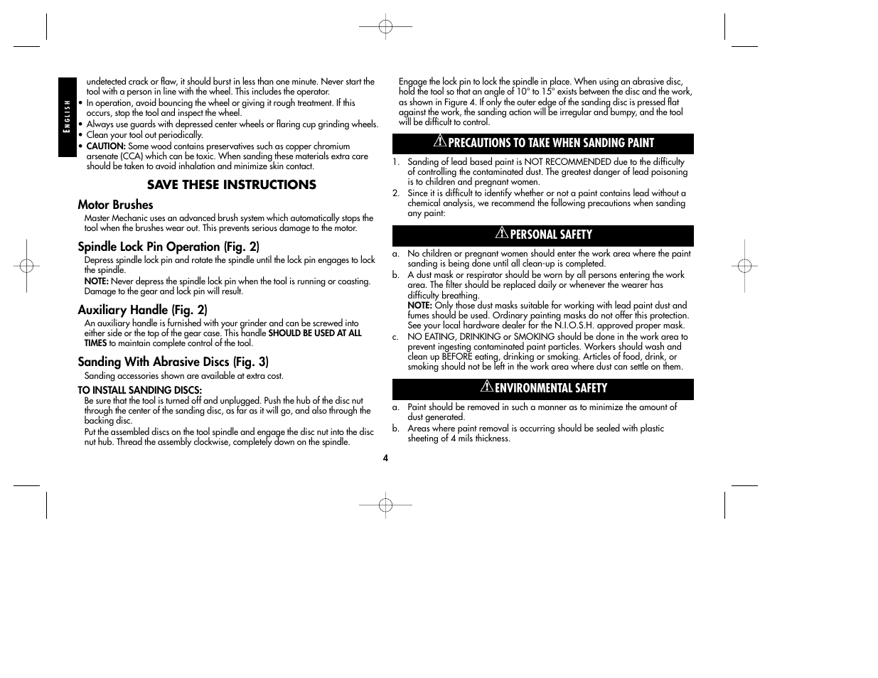 Save these instructions motor brushes, Spindle lock pin operation (fig. 2), Auxiliary handle (fig. 2) | Sanding with abrasive discs (fig. 3), Precautions to take when sanding paint, Personal safety, Environmental safety | Black & Decker TV800 User Manual | Page 4 / 16