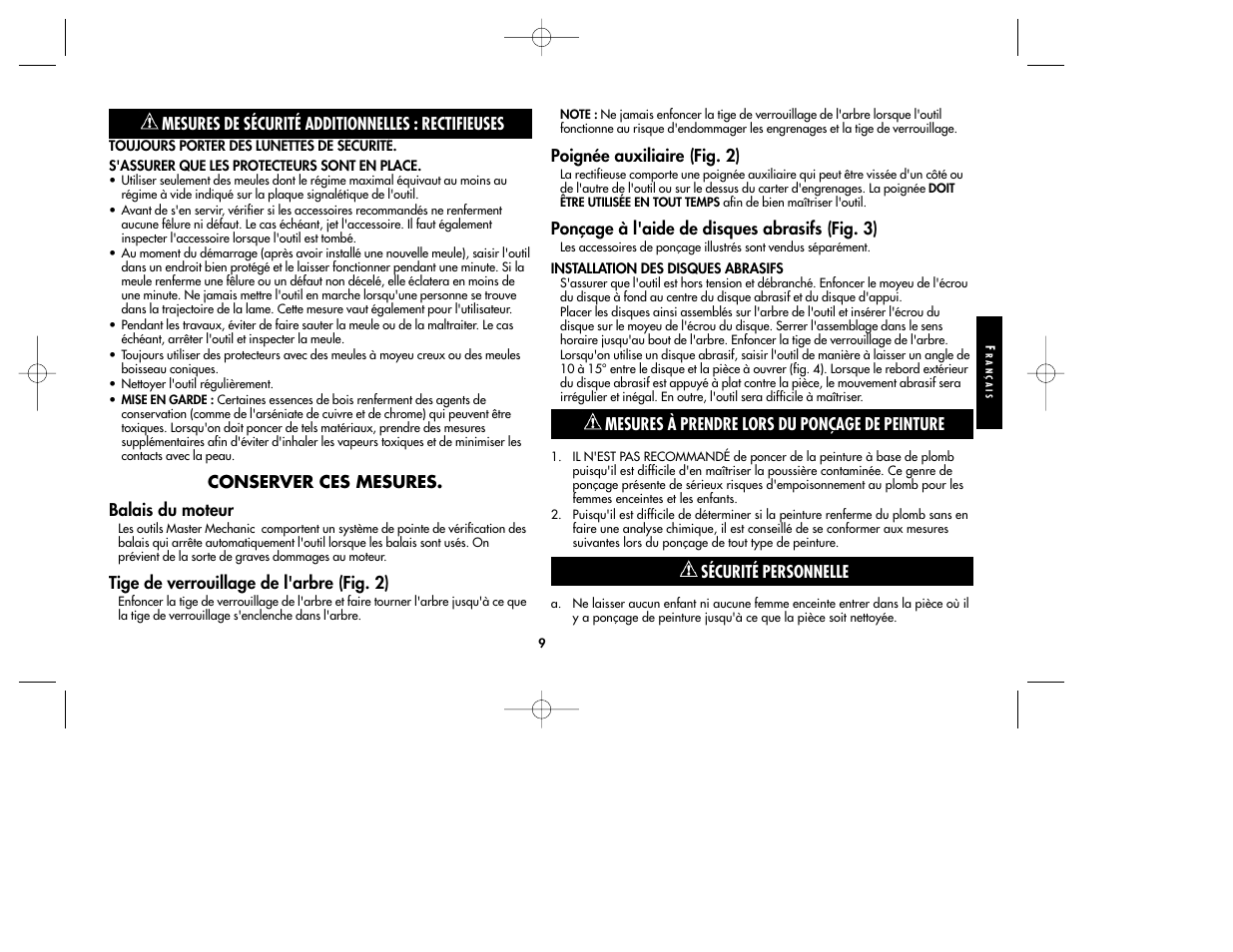 Mesures de sécurité additionnelles : rectifieuses, Conserver ces mesures. balais du moteur, Tige de verrouillage de l'arbre (fig. 2) | Poignée auxiliaire (fig. 2), Ponçage à l'aide de disques abrasifs (fig. 3), Mesures à prendre lors du ponçage de peinture, Sécurité personnelle | Black & Decker TV800 User Manual | Page 9 / 16