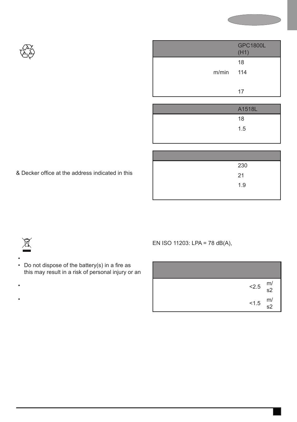 Technical data | Black & Decker GPC1800L User Manual | Page 11 / 16