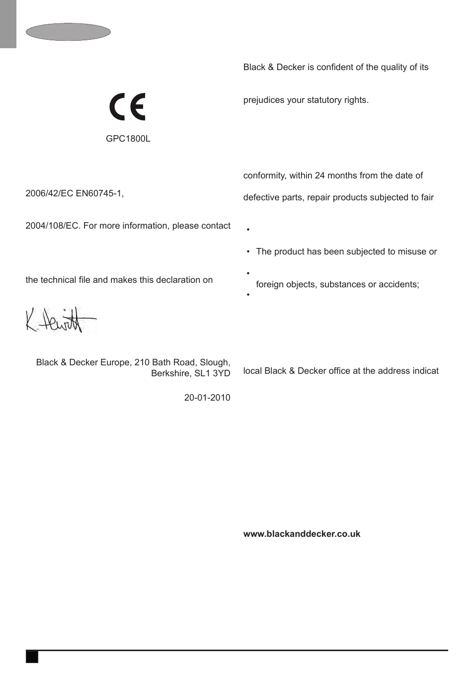 Guarantee | Black & Decker GPC1800L User Manual | Page 12 / 16