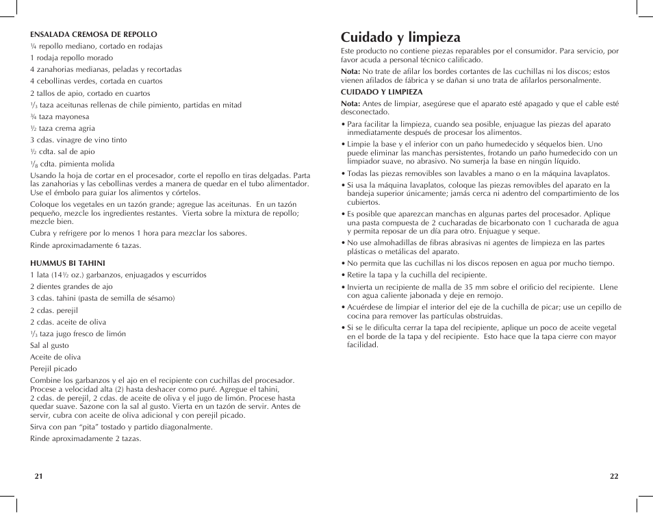 Cuidado y limpieza | Black & Decker FP1450 User Manual | Page 12 / 21