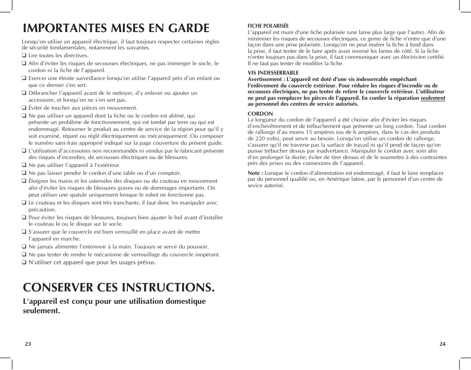 Importantes mises en garde, Conserver ces instructions | Black & Decker FP1450 User Manual | Page 13 / 21