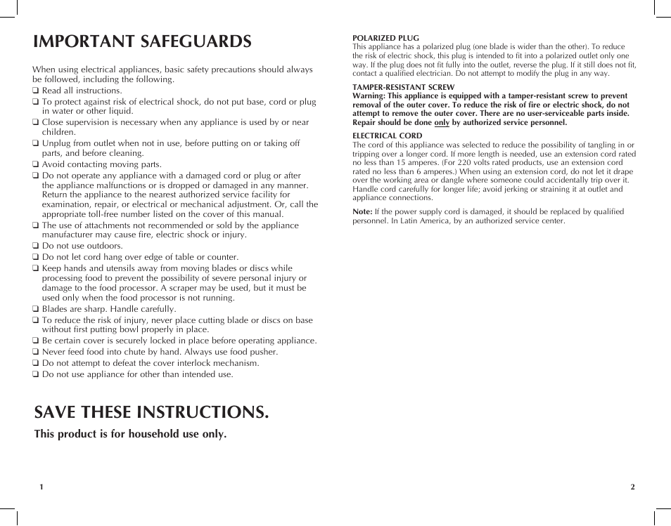 Important safeguards, Save these instructions, This product is for household use only | Black & Decker FP1450 User Manual | Page 2 / 21