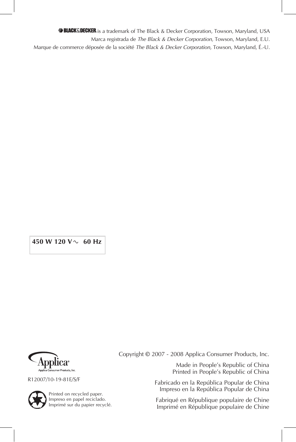 Black & Decker FP1450 User Manual | Page 21 / 21