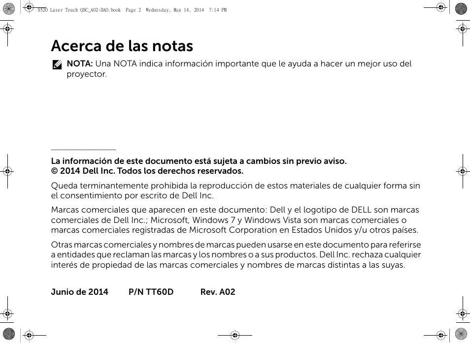 Acerca de las notas | Dell S520 Projector User Manual | Page 18 / 60