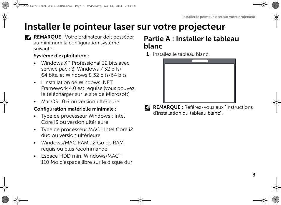 Installer le pointeur laser sur votre projecteur, Partie a : installer le tableau blanc | Dell S520 Projector User Manual | Page 33 / 60
