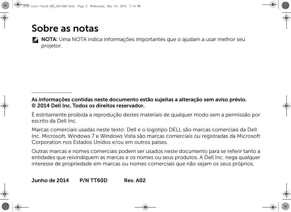 Sobre as notas | Dell S520 Projector User Manual | Page 46 / 60