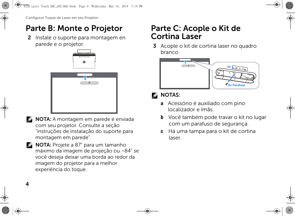 Parte b: monte o projetor, Parte c: acople o kit de cortina laser | Dell S520 Projector User Manual | Page 48 / 60