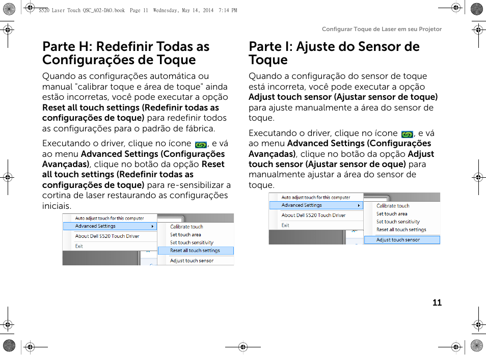 Parte h: redefinir todas as configurações de toque, Parte i: ajuste do sensor de toque | Dell S520 Projector User Manual | Page 55 / 60
