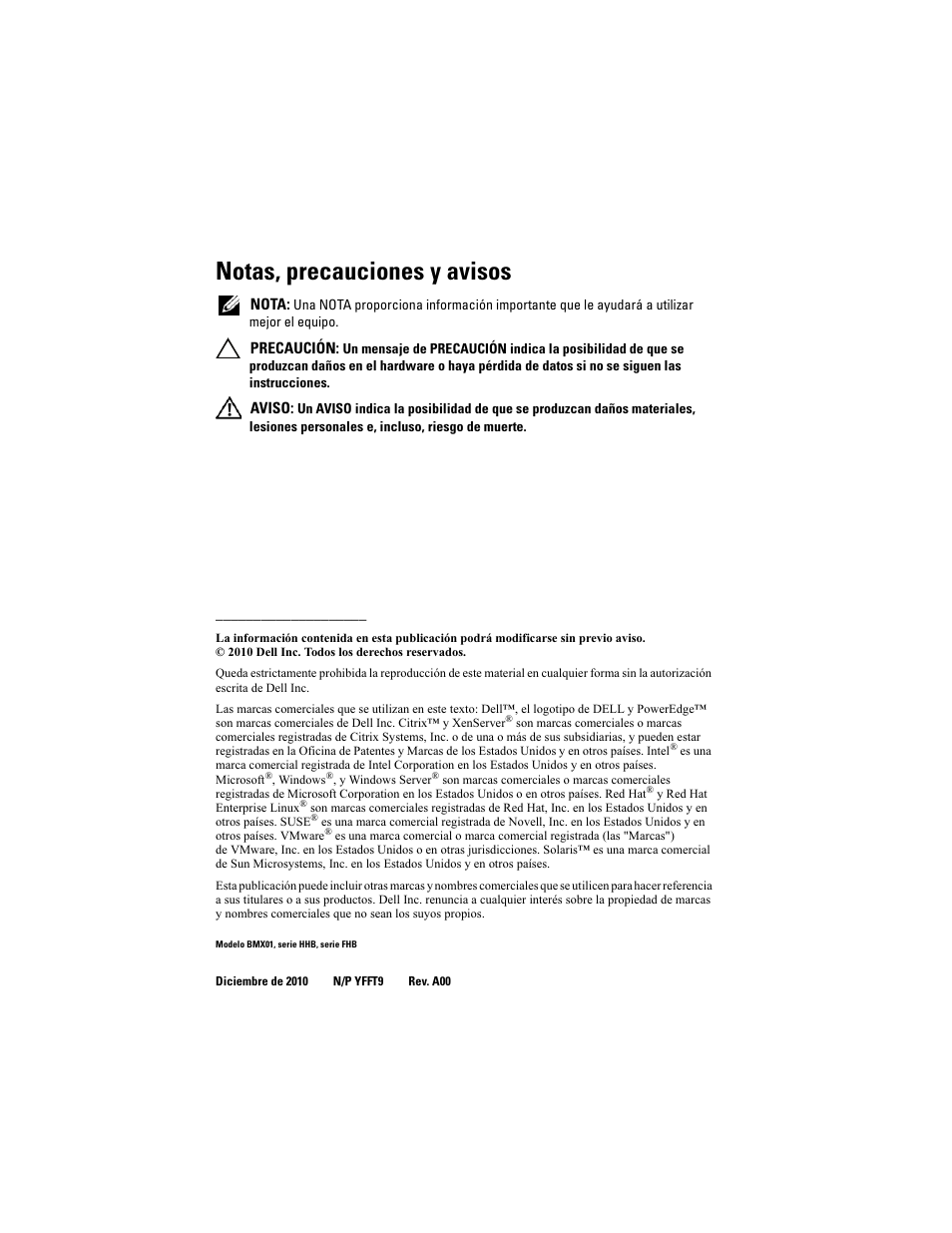 Notas, precauciones y avisos | Dell POWEREDGE M915 User Manual | Page 70 / 92