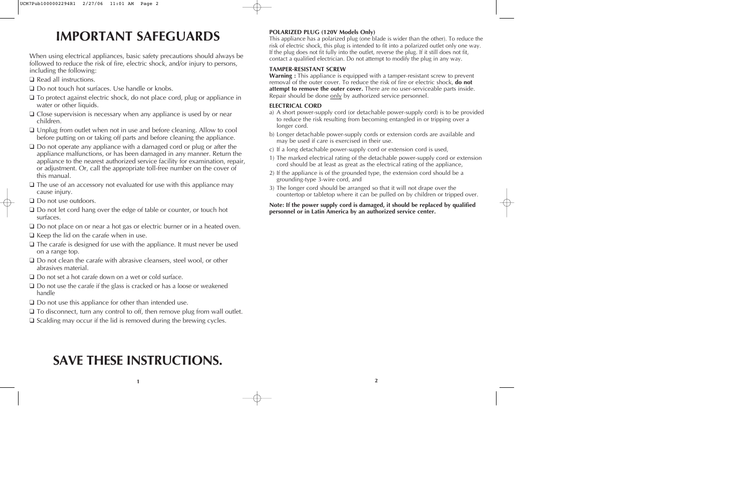 Important safeguards, Save these instructions | Black & Decker UCM7T User Manual | Page 2 / 13