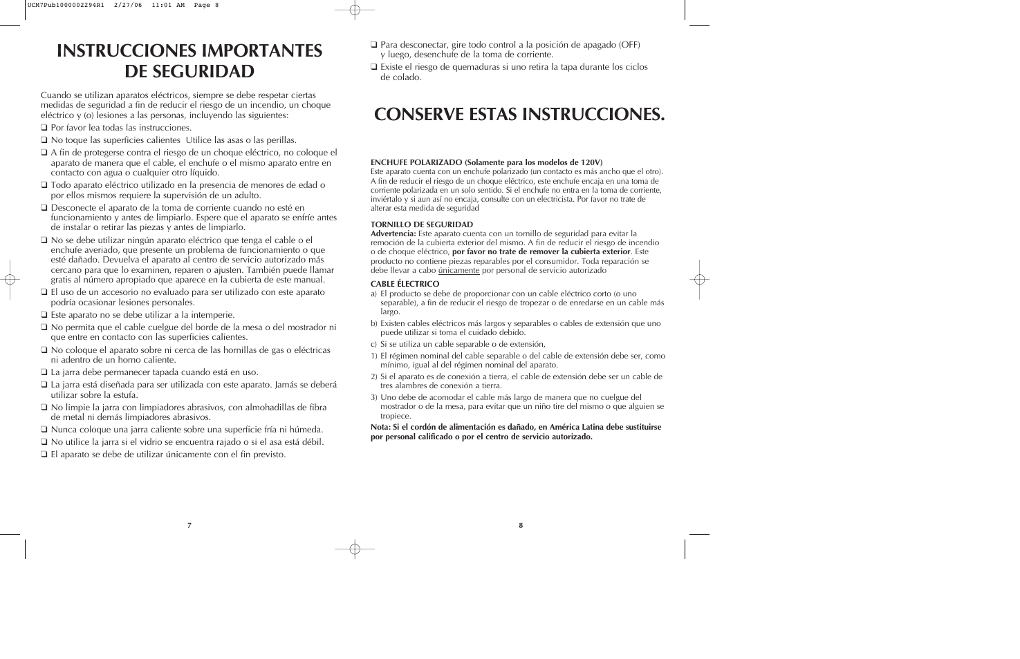 Conserve estas instrucciones, Instrucciones importantes de seguridad | Black & Decker UCM7T User Manual | Page 5 / 13
