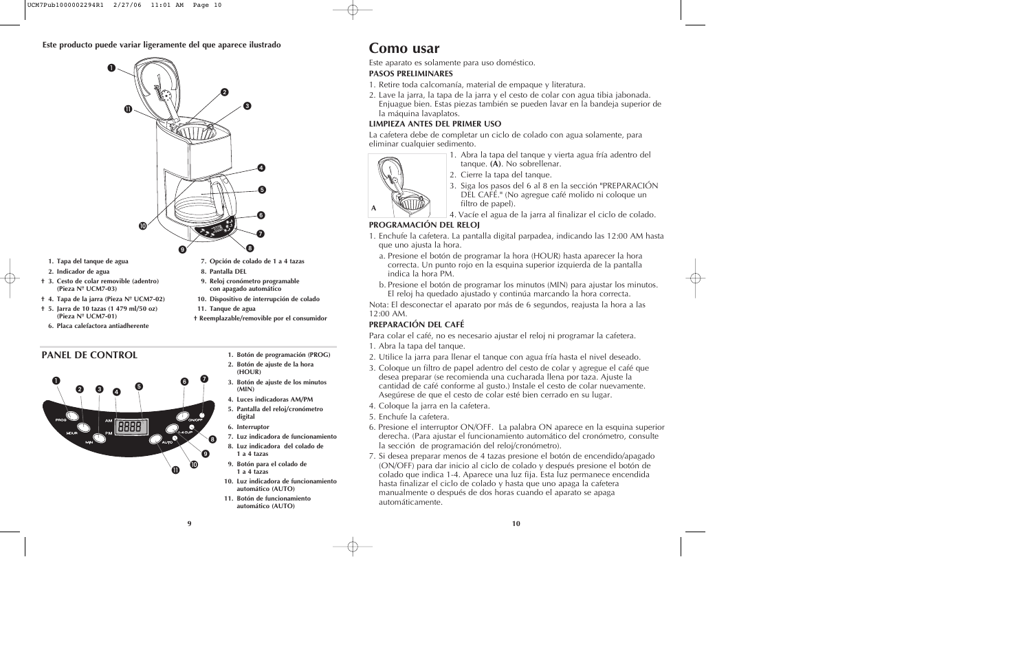 Como usar, Panel de control | Black & Decker UCM7T User Manual | Page 6 / 13