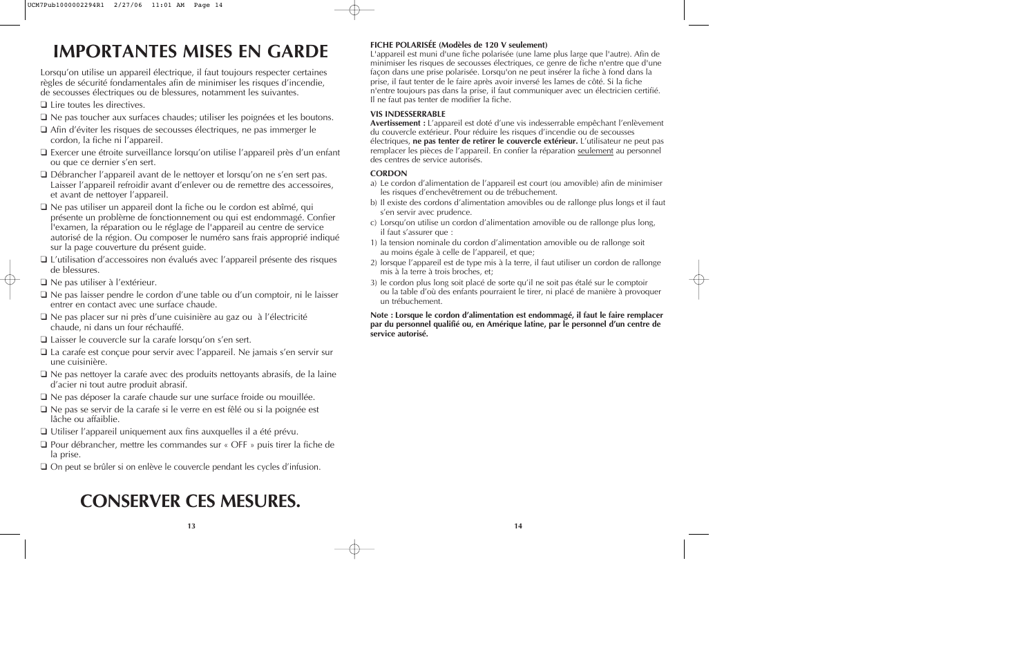 Importantes mises en garde conserver ces mesures | Black & Decker UCM7T User Manual | Page 8 / 13