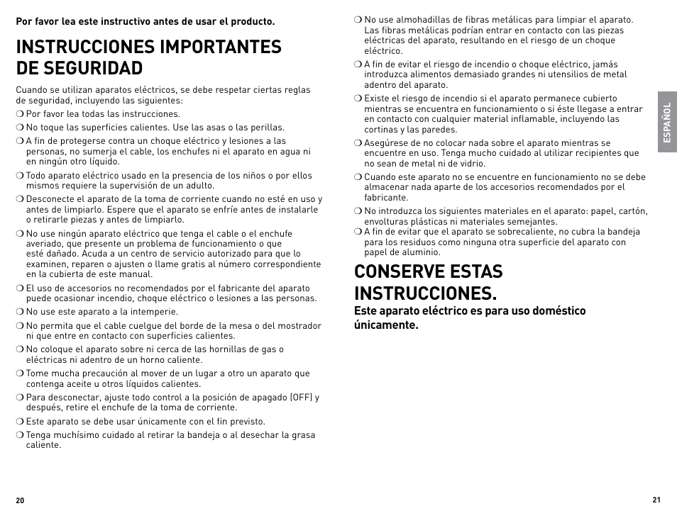 Conserve estas instrucciones, Instrucciones importantes de seguridad | Black & Decker TRO480BS User Manual | Page 11 / 21