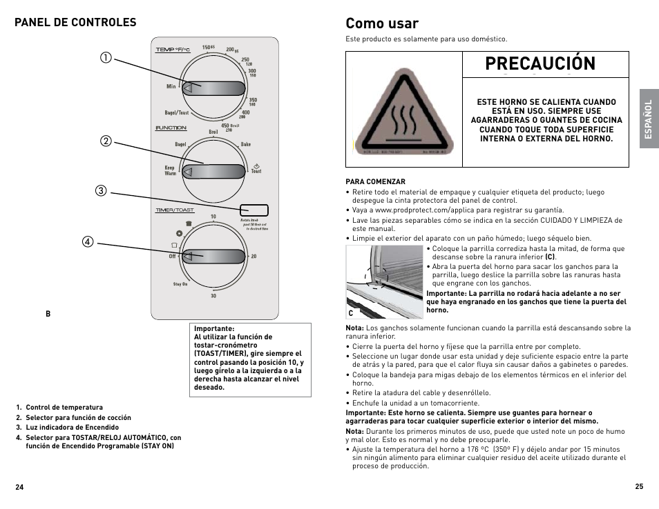 Precaución, Como usar, Panel de controles | Black & Decker TRO480BS User Manual | Page 13 / 21