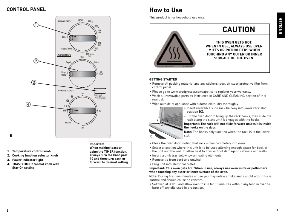 Caution, How to use, Control panel | Black & Decker TRO480BS User Manual | Page 4 / 21