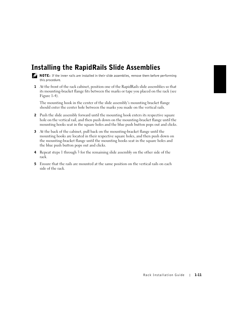 Installing the rapidrails slide assemblies, Installing the rapidrails slide assemblies -11 | Dell PowerVault 715N (Rackmount NAS Appliance) User Manual | Page 15 / 132