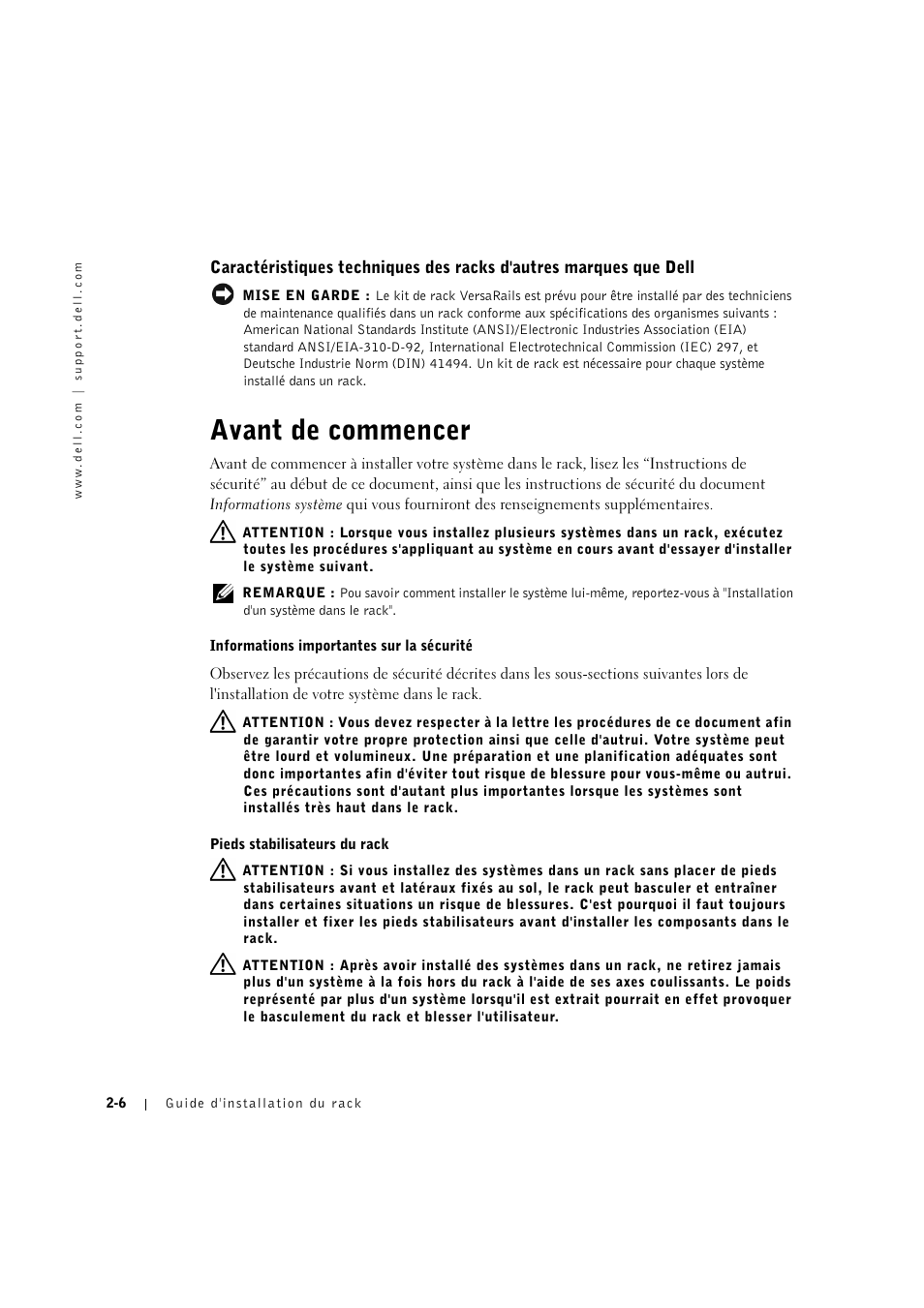 Avant de commencer, Caractéristiques techniques des racks d'autres, Avant de commencer -6 | Dell PowerVault 715N (Rackmount NAS Appliance) User Manual | Page 36 / 132