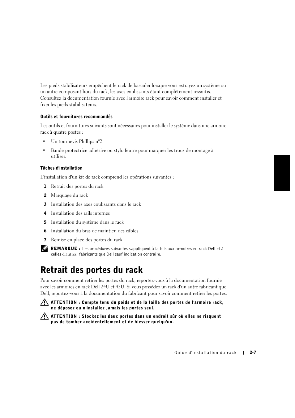 Retrait des portes du rack, Retrait des portes du rack -7 | Dell PowerVault 715N (Rackmount NAS Appliance) User Manual | Page 37 / 132