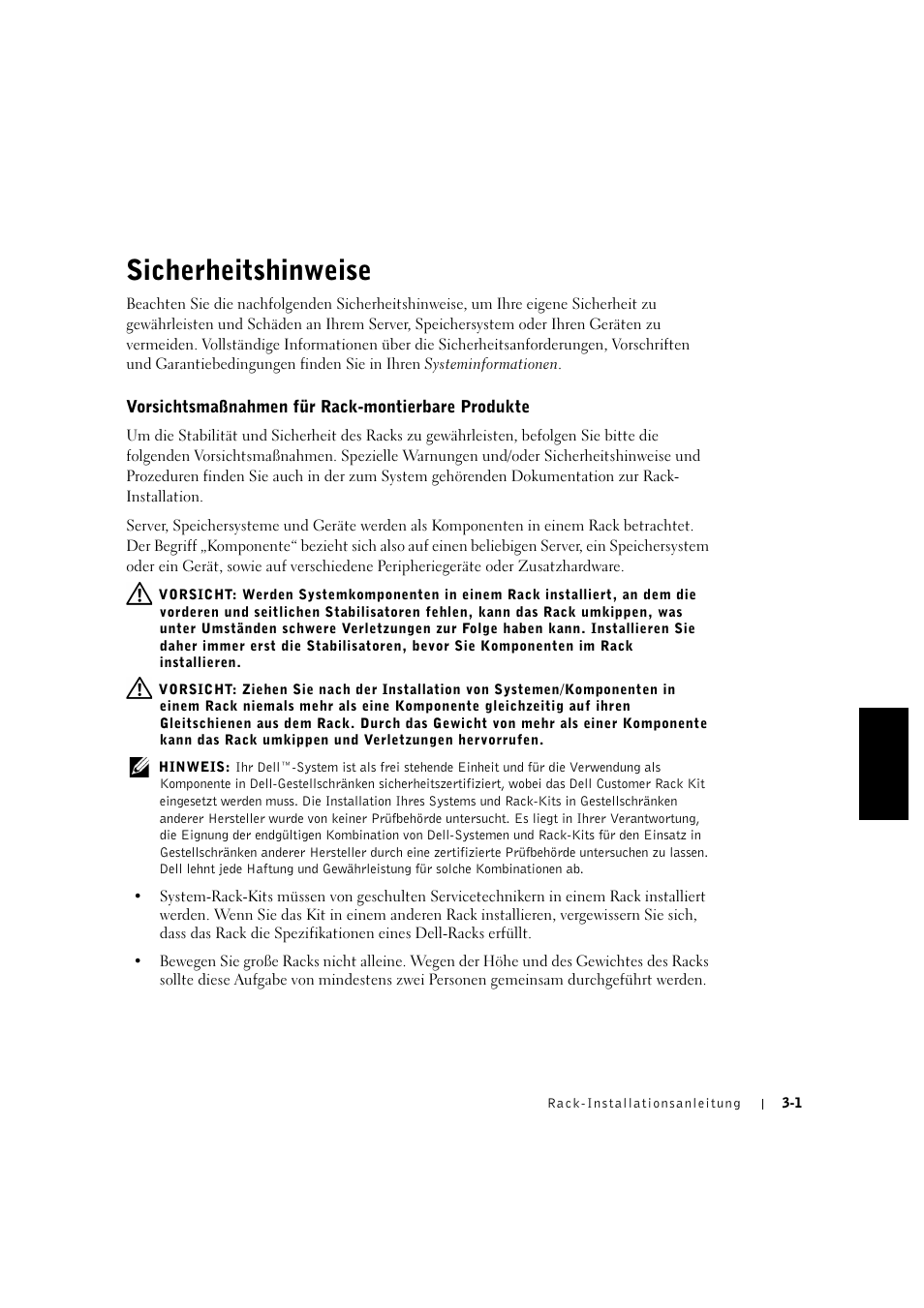 Sicherheitshinweise, Sicherheitshinweise -1, Vorsichtsmaßnahmen für rack-montierbare produkte | Dell PowerVault 715N (Rackmount NAS Appliance) User Manual | Page 57 / 132