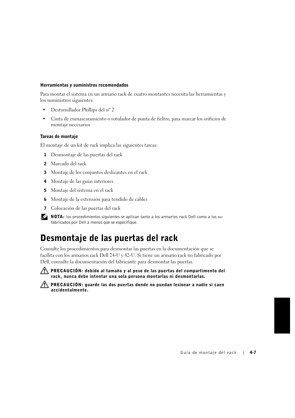 Desmontaje de las puertas del rack, Desmontaje de las puertas del rack -7 | Dell PowerVault 715N (Rackmount NAS Appliance) User Manual | Page 91 / 132