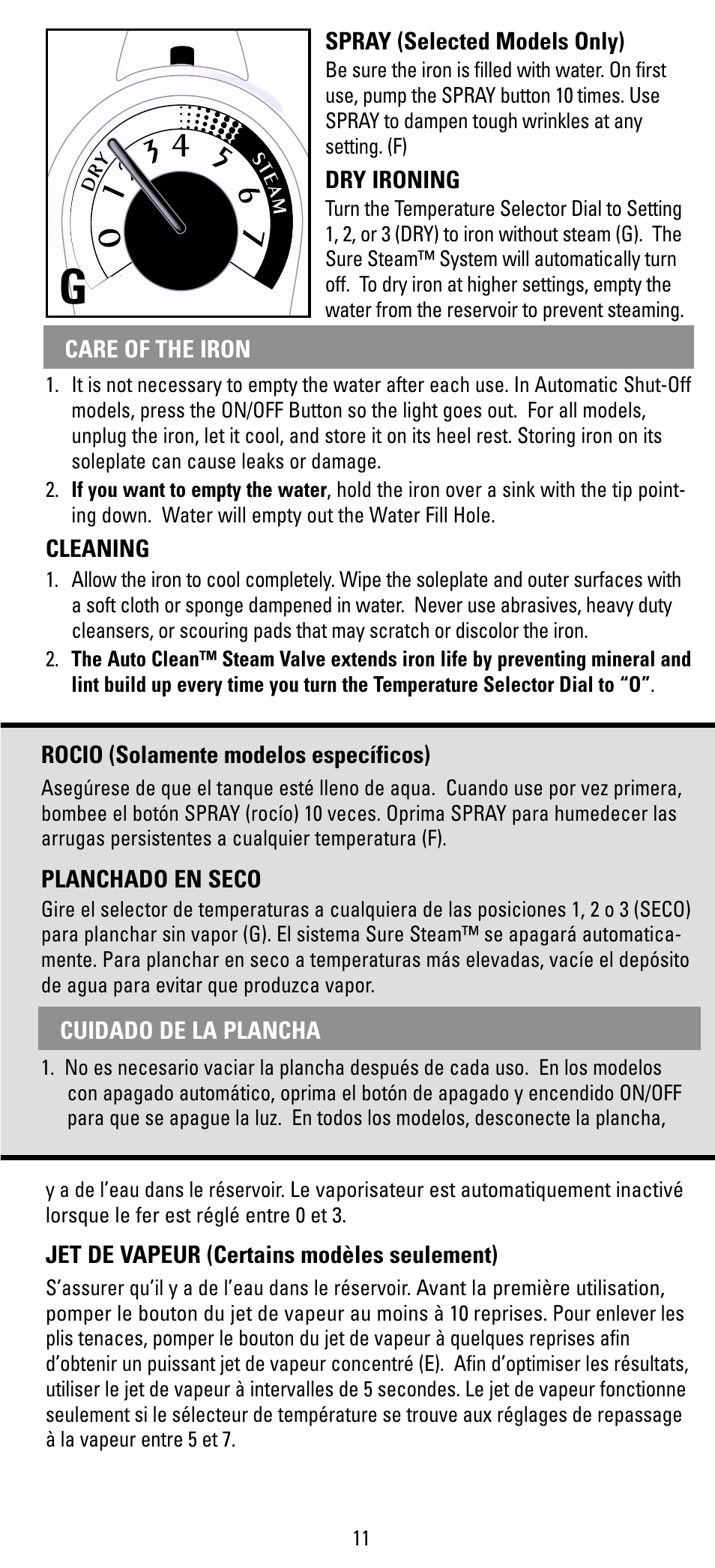 Care of the iron, Cuidado | Black & Decker X400 Series User Manual | Page 11 / 12