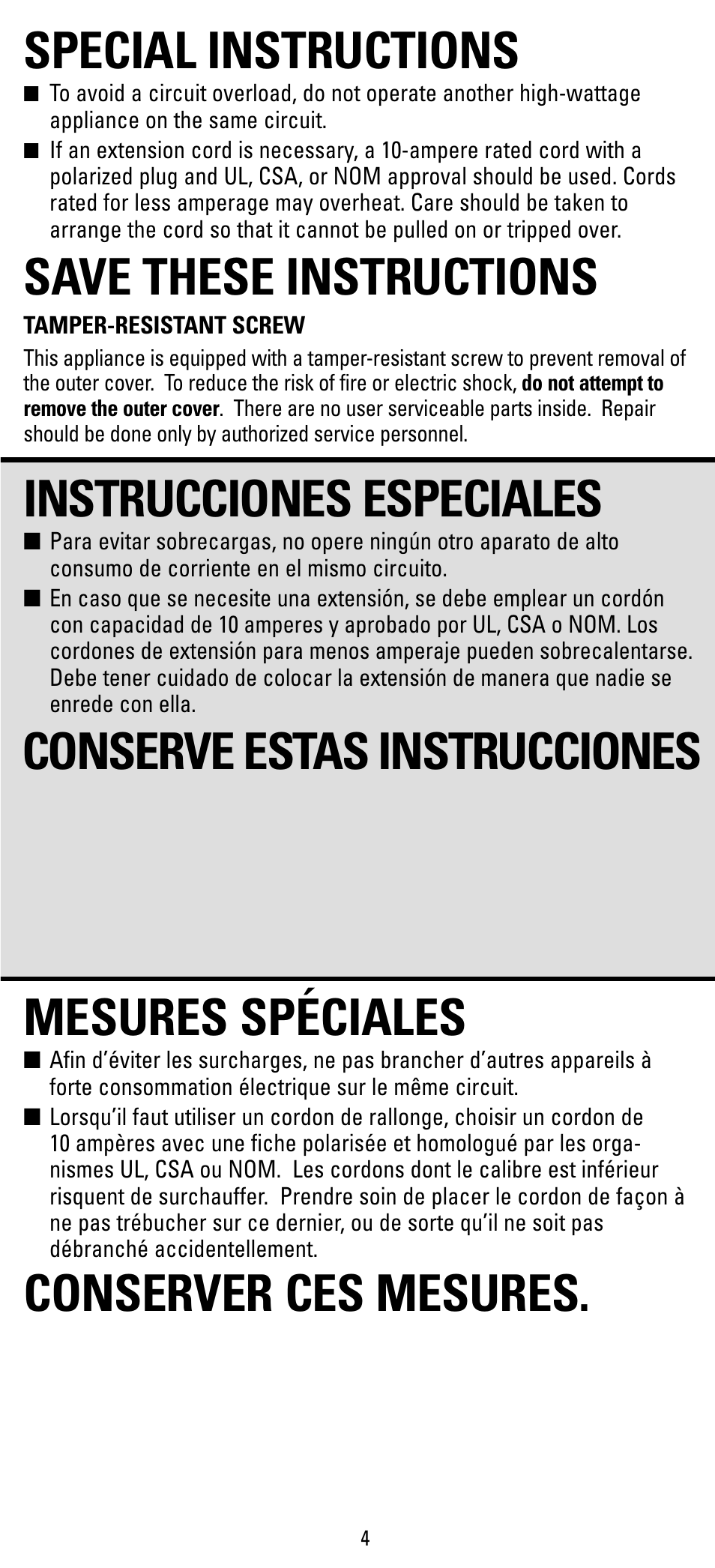Special instructions, Instrucciones especiales, Mesures speciales | Save these instructions, Mesures spéciales, Conserver ces mesures. instrucciones especiales, Conserve estas instrucciones | Black & Decker X400 Series User Manual | Page 4 / 12