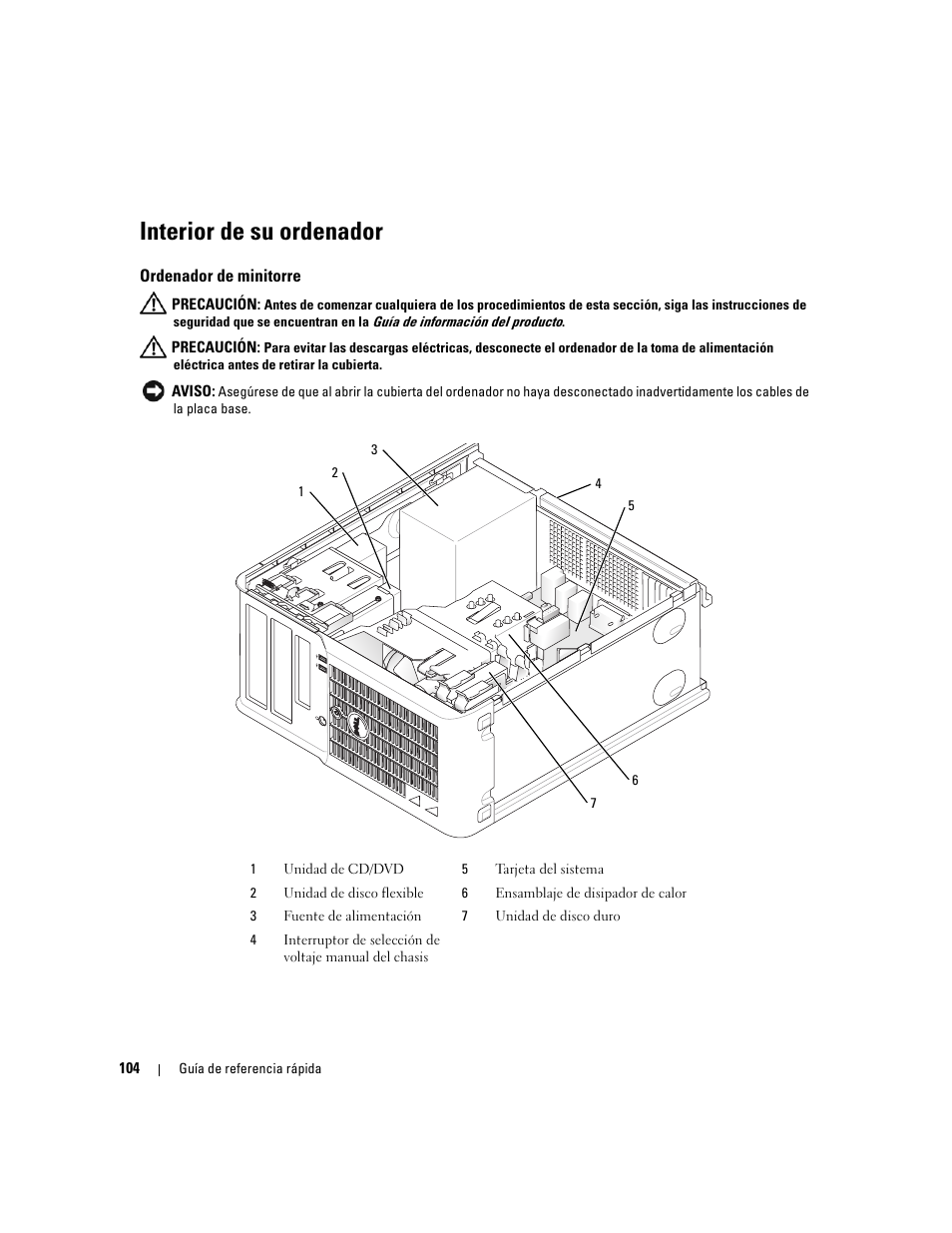 Interior de su ordenador, Ordenador de minitorre | Dell OptiPlex 210L User Manual | Page 104 / 128