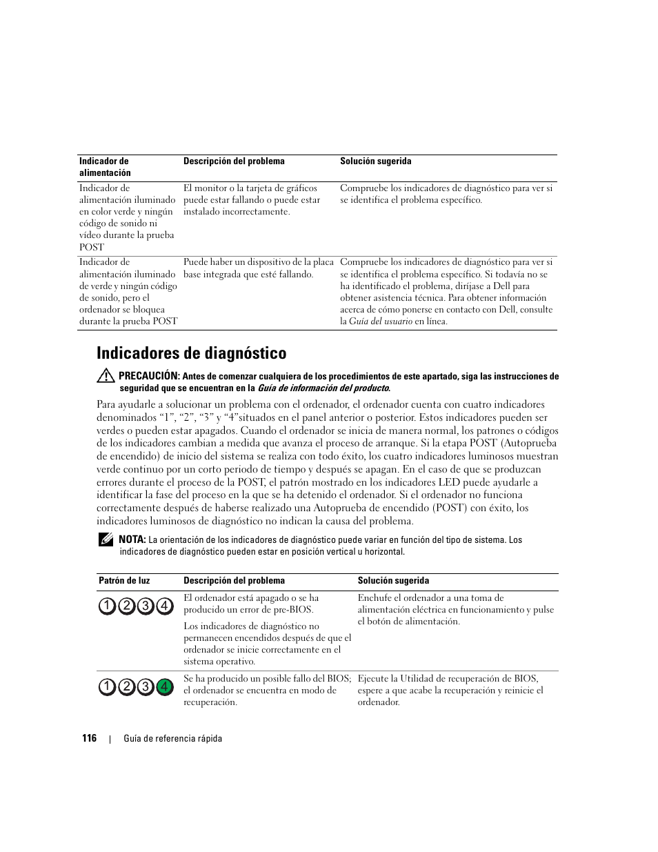 Indicadores de diagnóstico | Dell OptiPlex 210L User Manual | Page 116 / 128