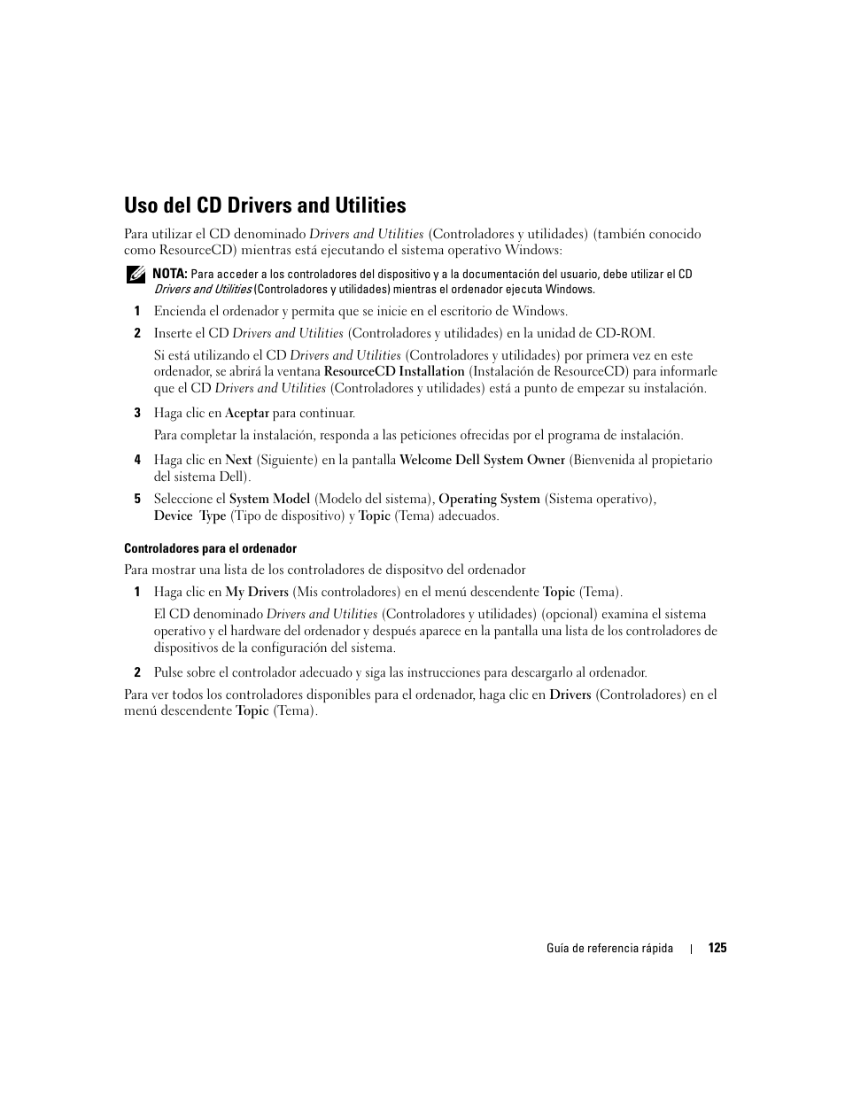 Uso del cd drivers and utilities | Dell OptiPlex 210L User Manual | Page 125 / 128