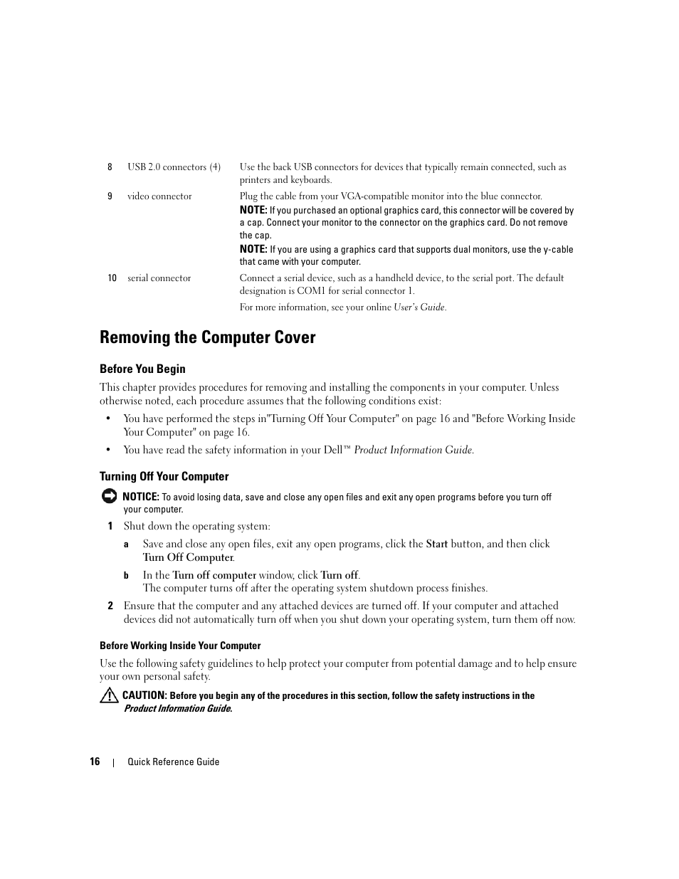 Removing the computer cover, Before you begin, Turning off your computer | Dell OptiPlex 210L User Manual | Page 16 / 128